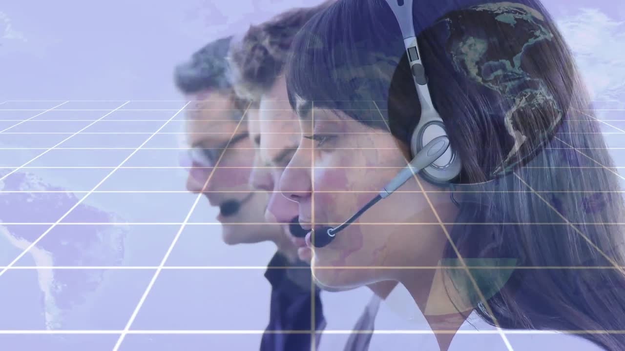 헤드 ⁇ 을 착용한 사업가들에 대한 금융 데이터 처리 애니메이션