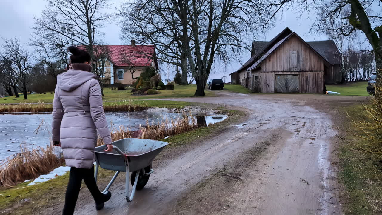 Woman with wheelbarrow in Cesis countryside, tranquil rural scene