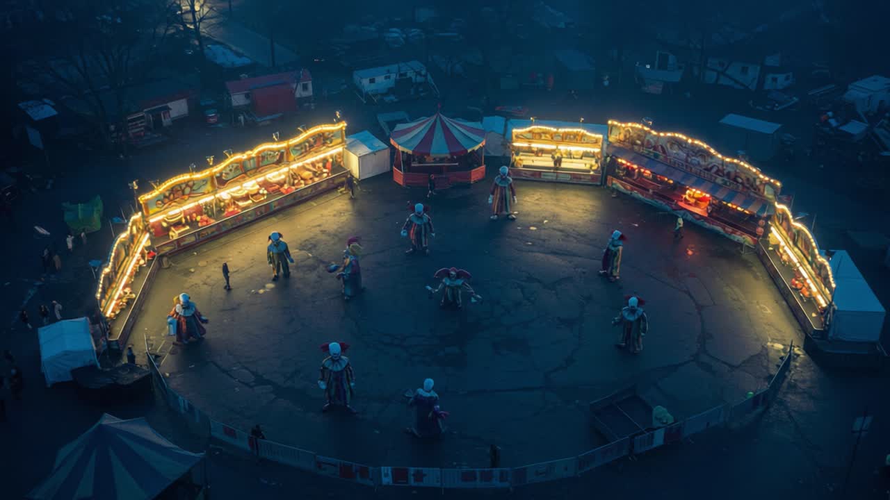 Eerie Festival Atmosphere Captured in Two Frames: Empty Carnival Grounds Filled with Colorful Lights and Festive Decorations at Dusk, Evoking Nostalgia and Wonder