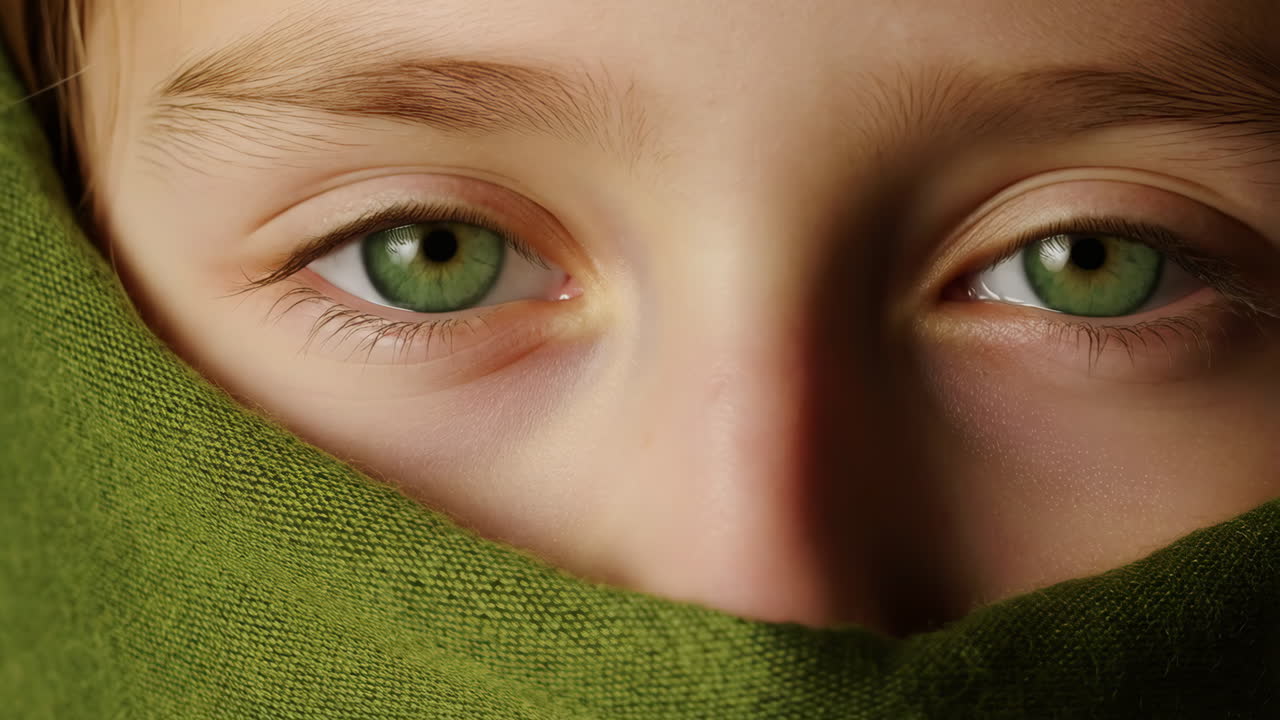 Captivating Green Eyes Peeking Through Green Fabric