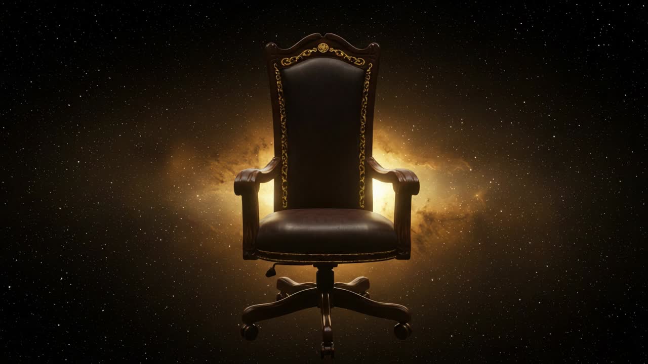 An Enigmatic Throne Awaits: A Majestic Chair in Cosmic Splendor, Surrounded by Celestial Glow and Stirring Thoughts of Power and Authority