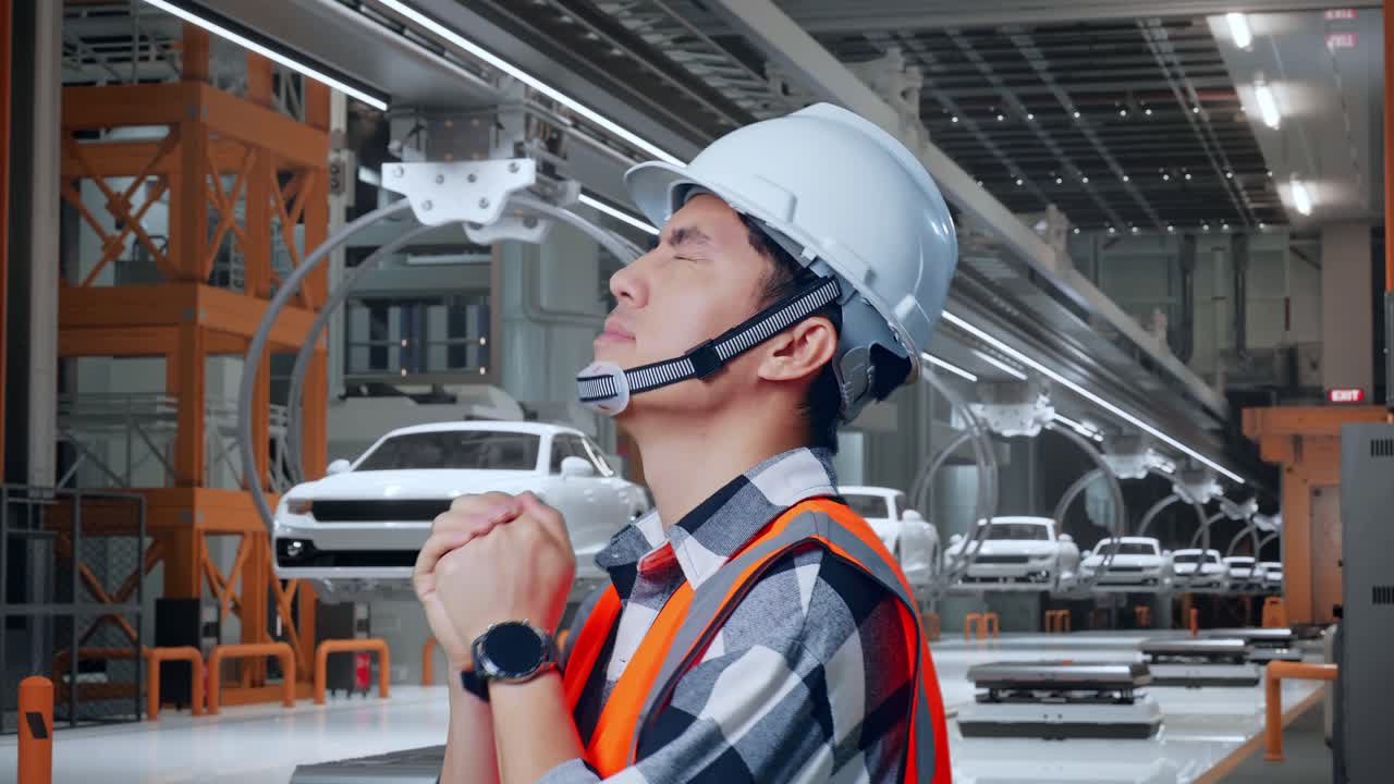 안전 헬을 입은 아시아 남성 엔지니어가 ev 자동차 공장에서 서 있는 동안 무언가를 위해 기도합니다.