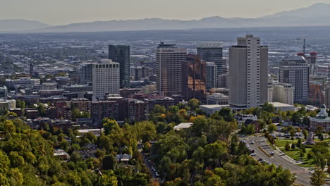 salt lake city utah aerial v8 panoramic pan shot of downtown cityscape and historic landmark of capitol building with airport and industrial background - shot with inspire 2, x7 camera - october 2021