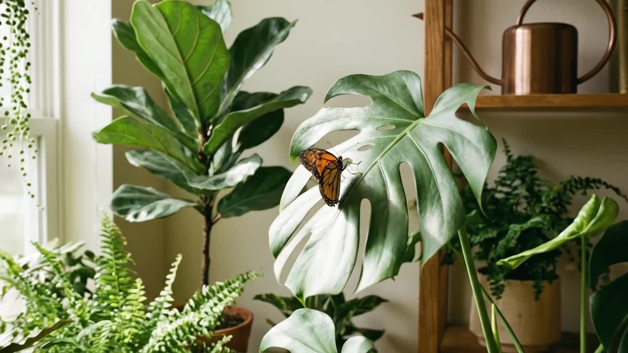 Mariposa monarca posándose en una hoja de monstera entre plantas de interior