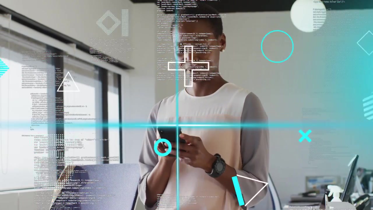 Mid adult woman reading phone, scrolling and checking tech data while code overlays crossing torso