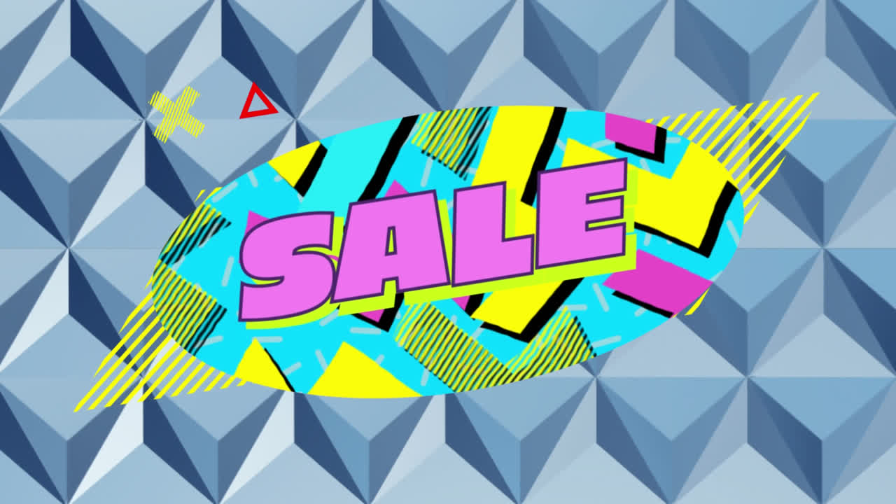 gráfico de venta en óvalo azul con elementos móviles en fondo de cubo gris