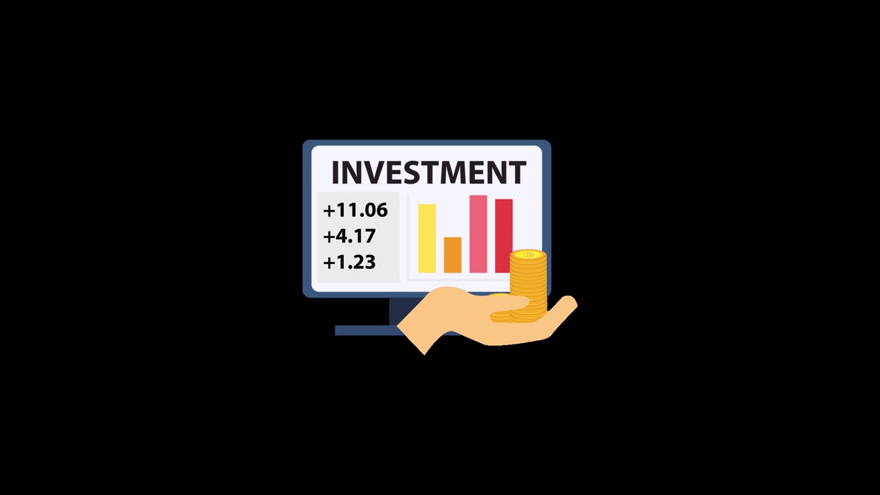 Animert investeringsvekst med mynter og finansdiagram på dataskjerm.