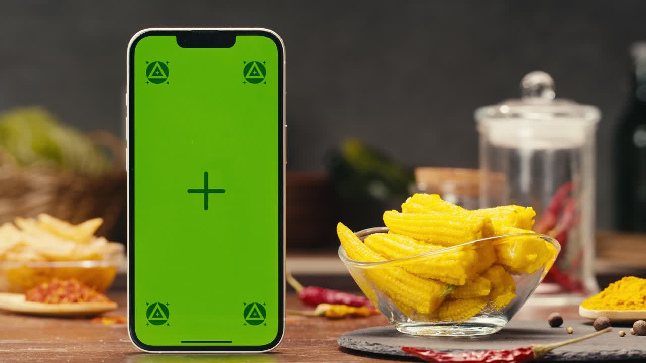 A modern greenscreen mobile device is displayed on a wooden table next to a bowl of food, demonstrating its versatility for multimedia projects