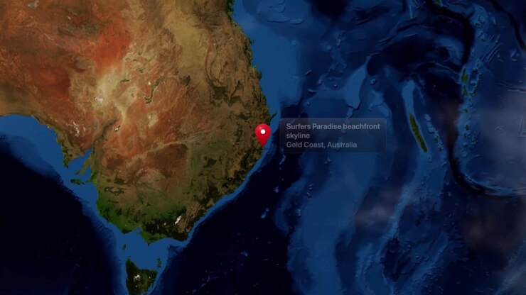 Satellite perspective animation zooming from global Earth view to Surfers Paradise, Gold Coast, Australia. Includes NASA public domain imagery.