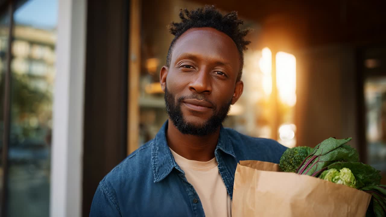 A confident young man stands with a charming smile, holding a bag filled with fresh groceries, showcasing a healthy lifestyle while illuminated by the warm sunlight in an urban setting