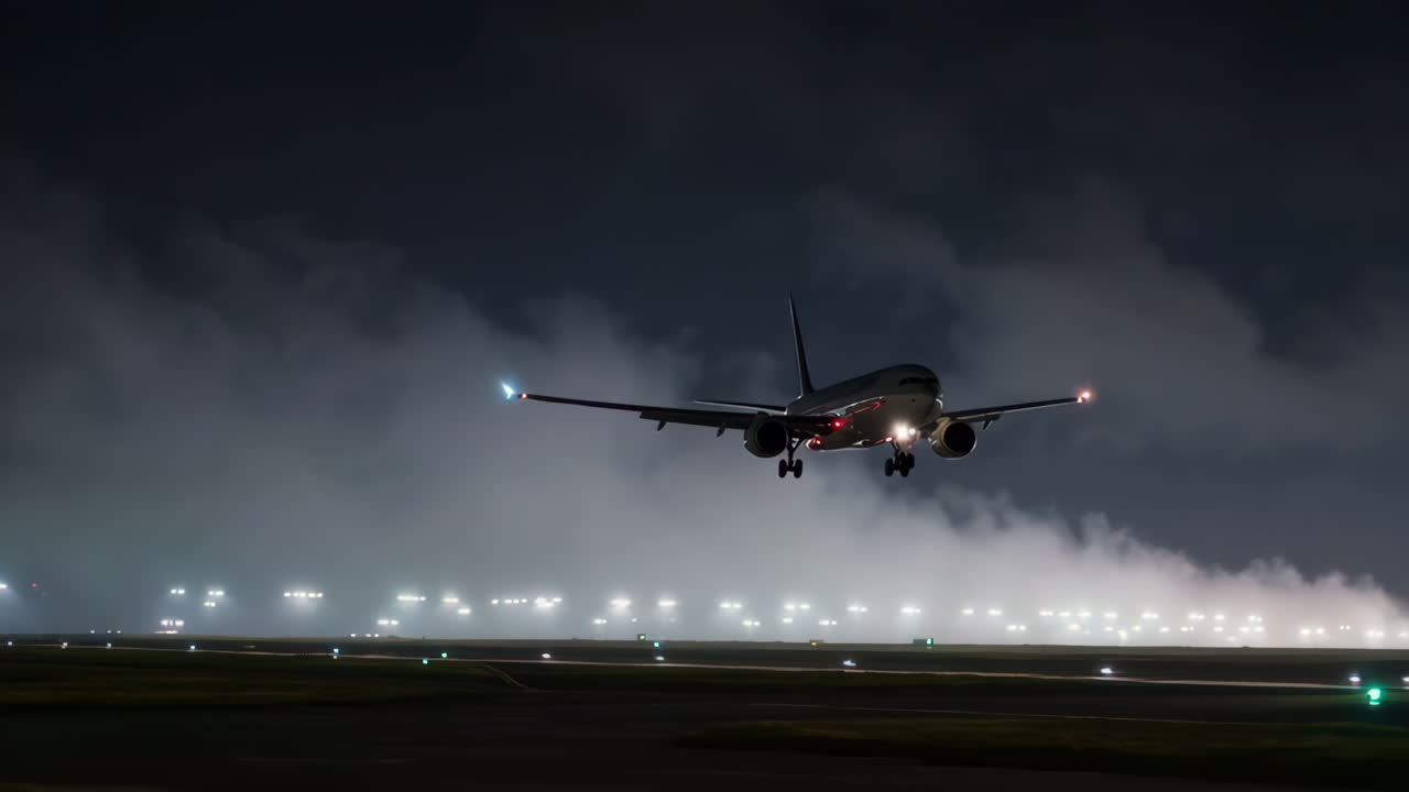 밤 에 안개 를 고 착륙 하는 비행기