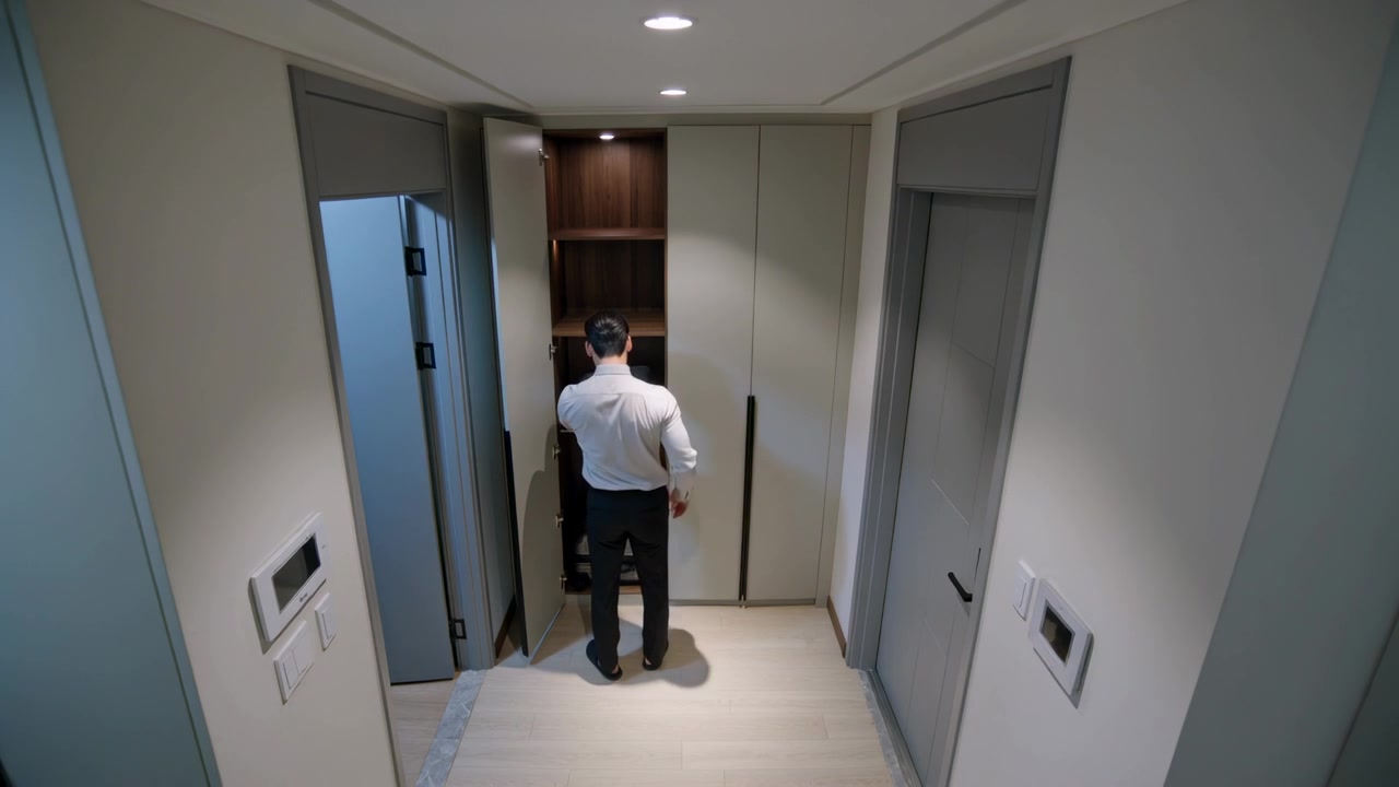 Opening builtin cabinet, man in dress shirt reaching, taking linens, grabbing dark box for use
