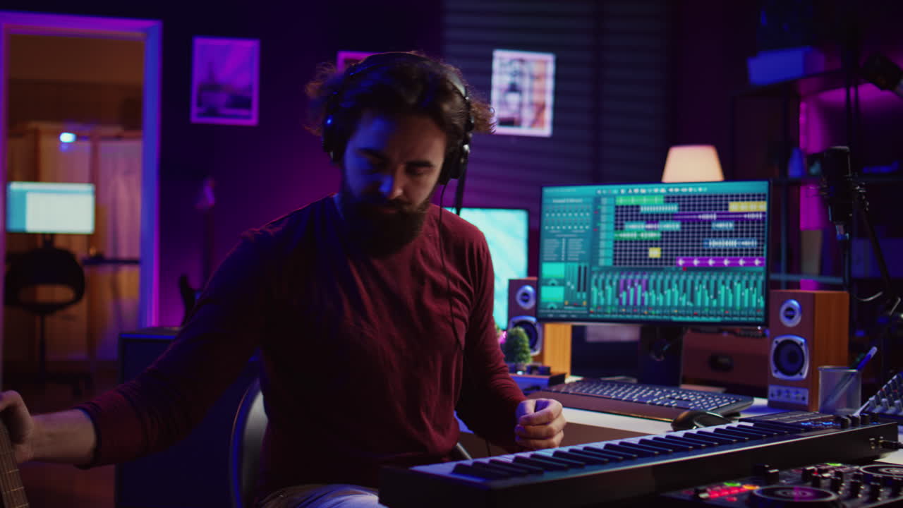 artista componiendo una canción en un teclado de piano electrónico en un estudio de grabación en casa