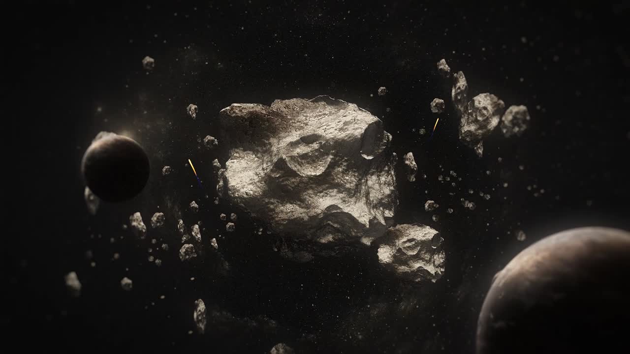 Massiivinen asteroidi pyörii hitaasti syvässä avaruudessa kaukaiset planeetat taustalla