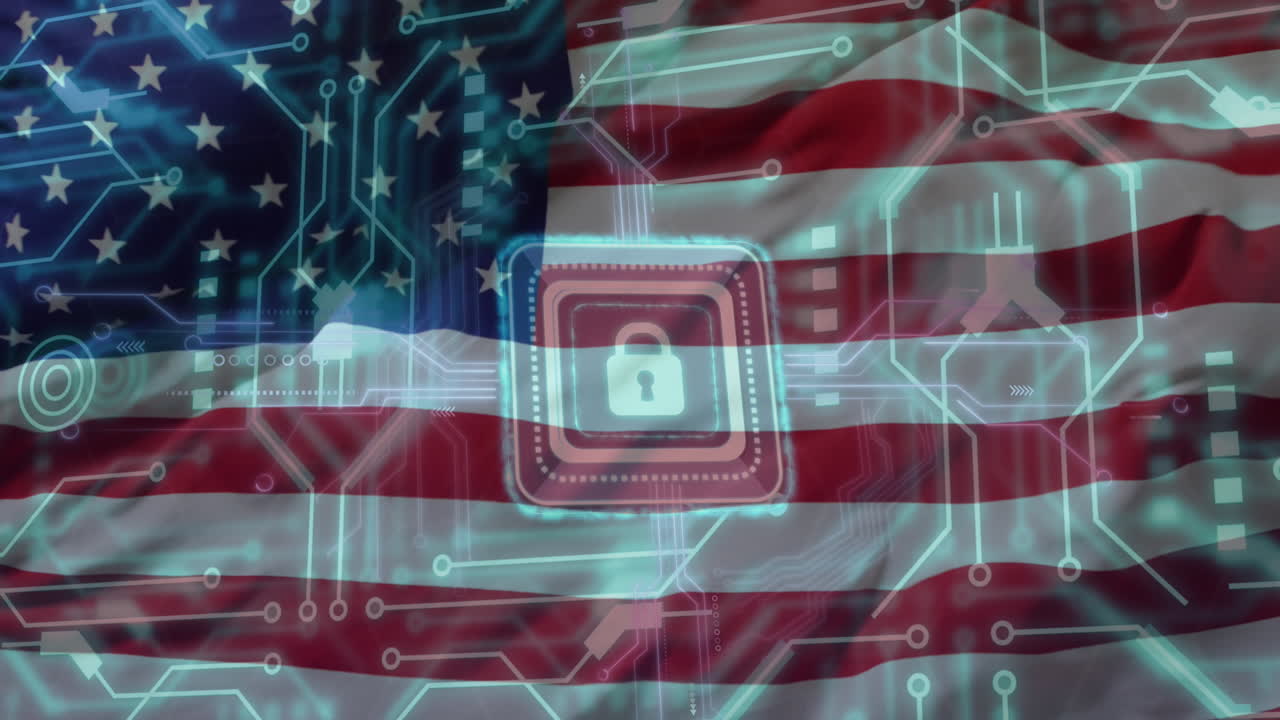 Animation of computer circuit board with padlock, data processing and flag of usa