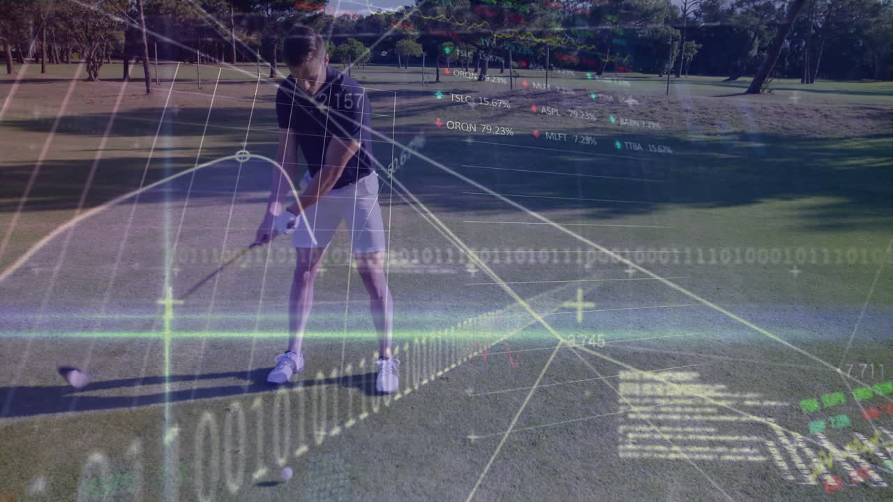 Golfer preparing swing on fairway, projecting technology graphs percentages binary code overlays