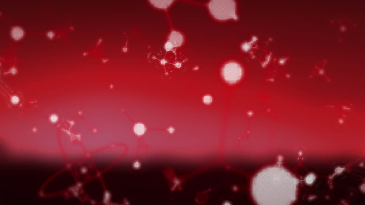 보라색 배경에 떠다니는 분자와 화학 원소와 거시적인 코로나19 세포의 애니메이션