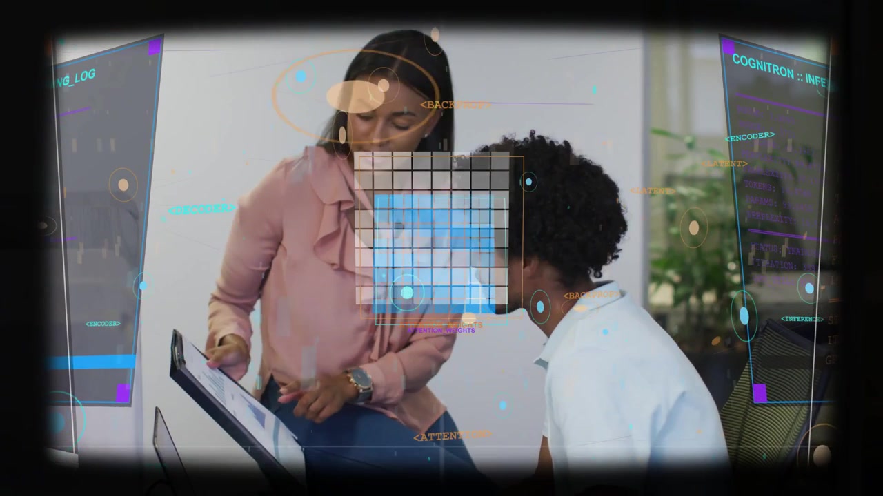 Woman in pink blouse holding tablet, training man in white polo at office desk, HUD overlay