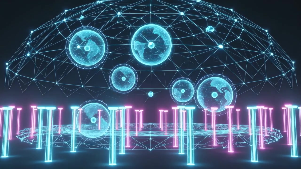 Pulsing nodes initiating neon columns rising around wireframe dome in cyberspace, aligning globes