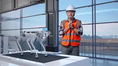 full body of asian male engineer with safety helmet prays for something while standing in high tech factory, analyzing robotic machine concept