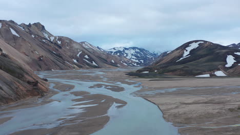 Aerial-view-of-Krossa-river-flowing-through-Thorsmork-valley-in-Iceland.-Drone-view-of-spectacular-glacier-highlands-with-snowy-mountains-in-Porsmork-canyon.-Amazing-in-nature