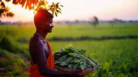 farmer with basket of vegetables at sunset