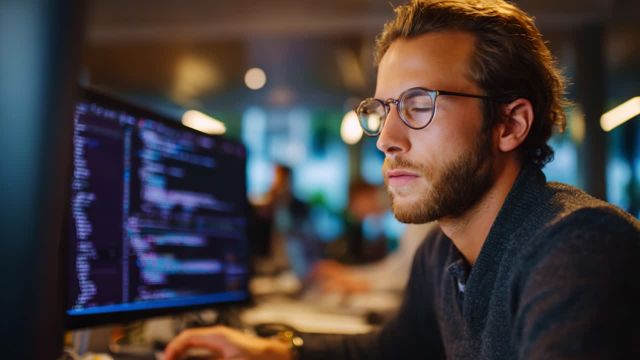 Focused Programmer Analyzing Code on Computer Screen in Modern Office Environment, Concentrating on Software Development and Problem-Solving Skills