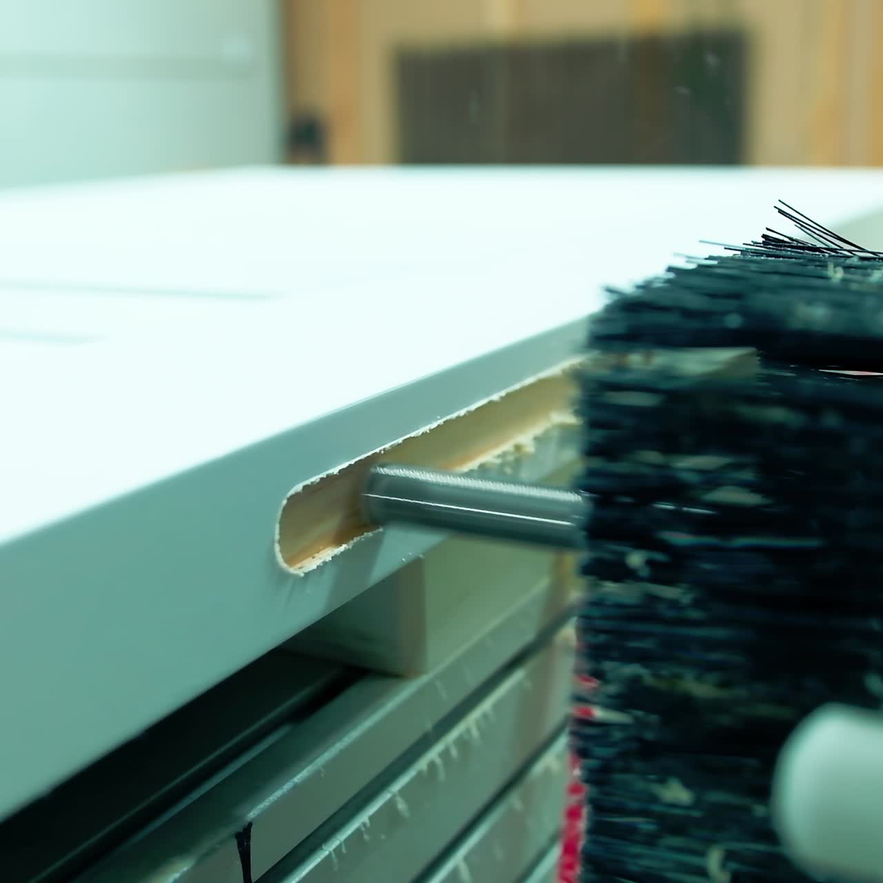 Door industry. Modern machine tool making holes in wooden board. Furniture production in workshop. Close-up.