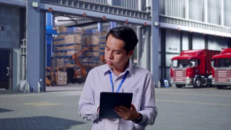 asian male professional worker standing with his tablet, outside of logistics distributions warehouse, he is nodding his head with dissapionted