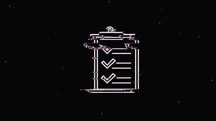 Line clipboard check mark hud holographic symbol on digital old tv screen seamless loop glitch animation. Hearts. Dynamic retro and joyful. Colorful and vintage video footage.