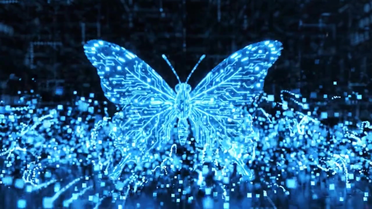 A Stunning Digital Representation of a Butterfly Formed by Gleaming Blue Circuits and Binary Data, Symbolizing the Fusion of Nature and Technology in a Captivating Visual Display