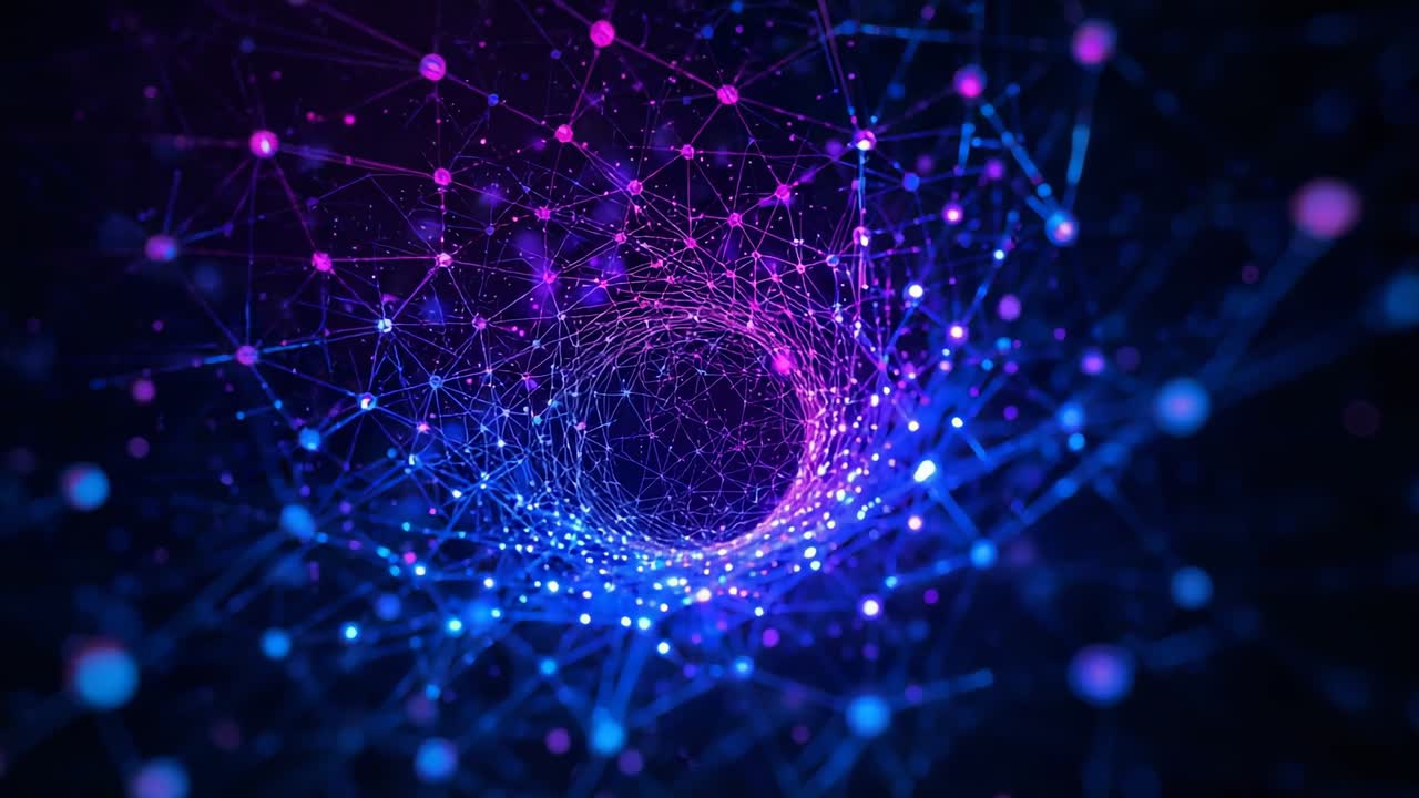 Punti e linee che ruotano e si chiudono, pulsando in un vortice interno in un vuoto virtuale con movimento di telecamera ciclico.