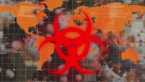 animation of covid 19 text and biohazard symbol over world map