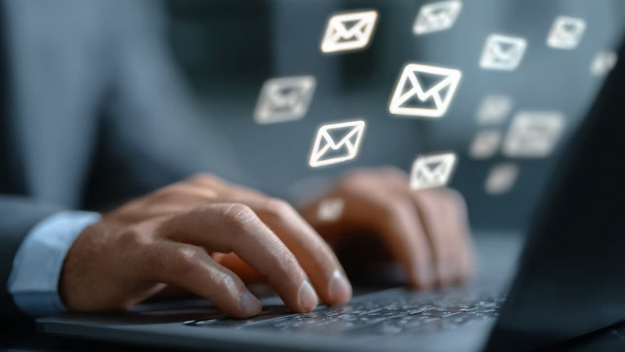 Dynamic email communication illustrated through a close-up of hands typing on a laptop, surrounded by animated email icons, symbolizing digital correspondence in a modern workspace