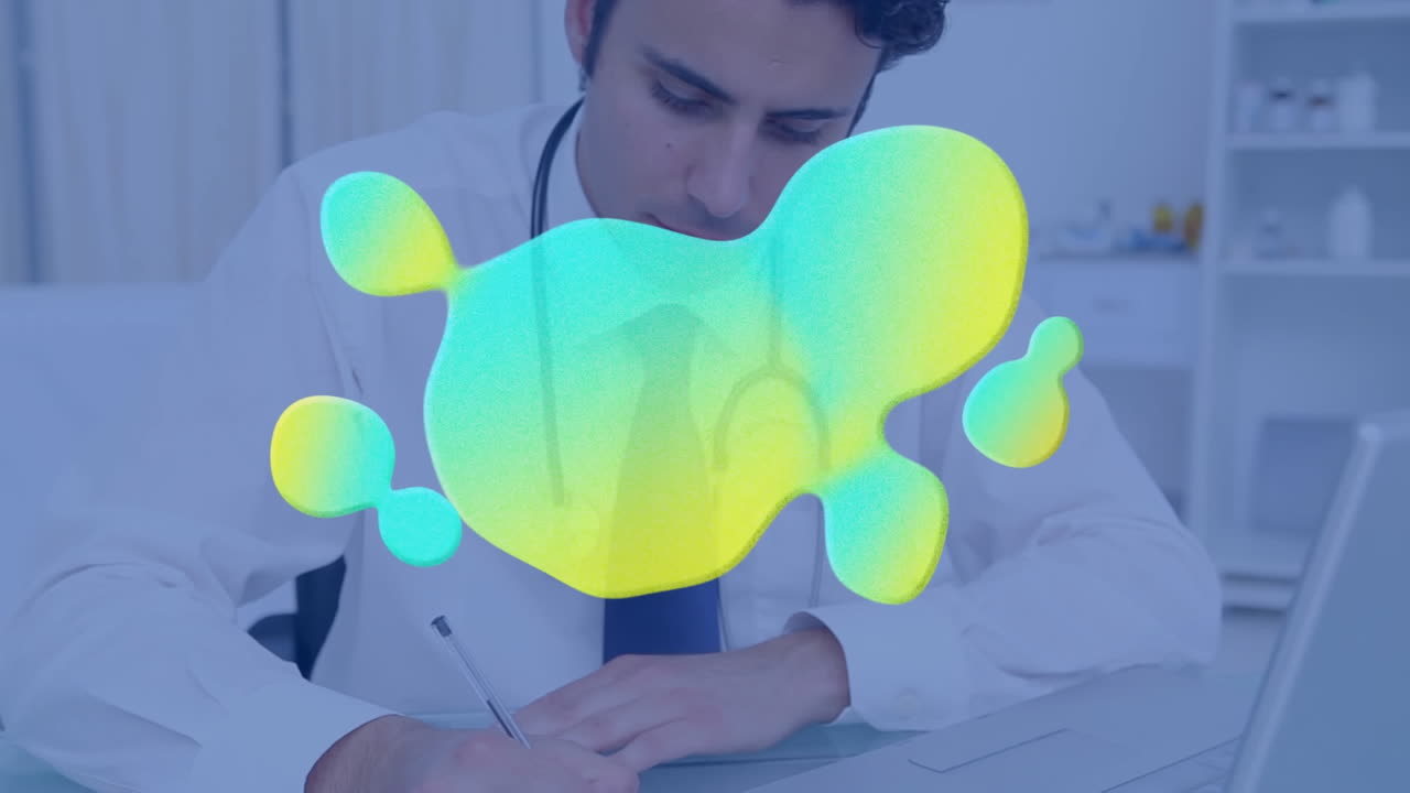 animación de mancha azul y amarilla sobre el médico tomando notas