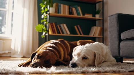 two dogs sleeping on a carpet in a cozy living room
