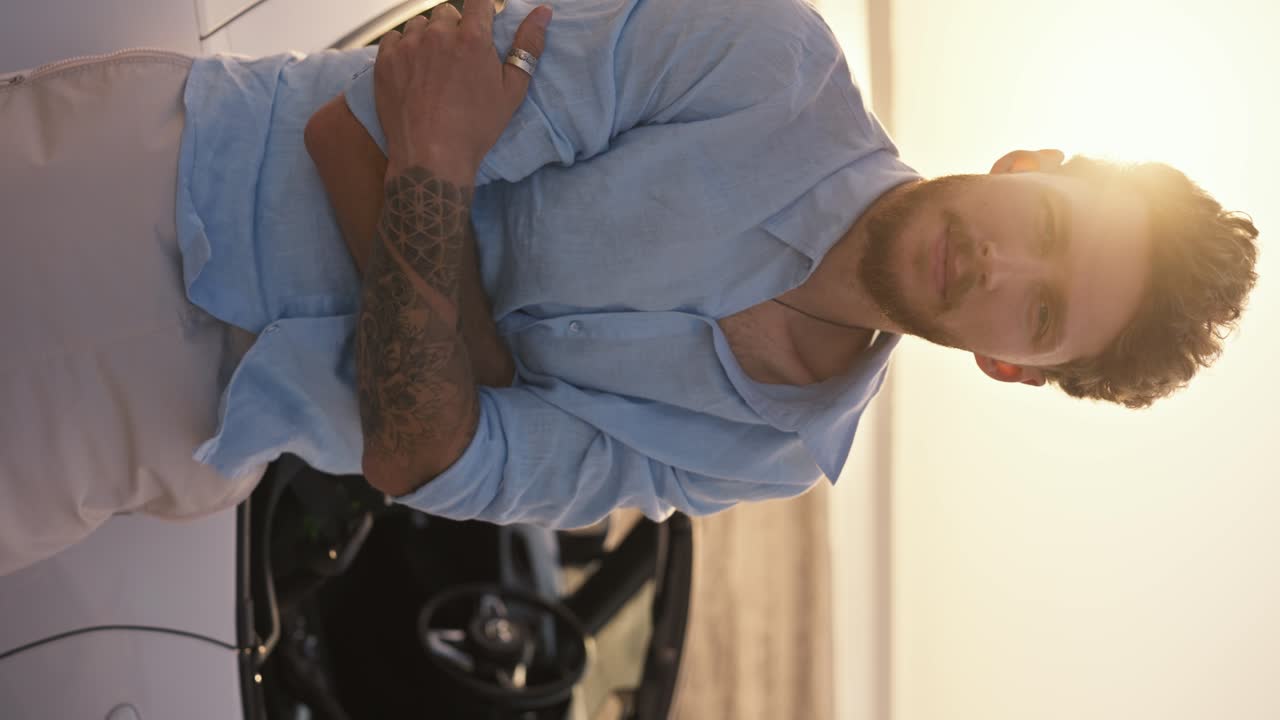 video vertical: retrato de un hombre barbudo con una camisa azul de pie con los brazos cruzados y apoyado en un descapotable blanco contra el cielo amarillo y un río