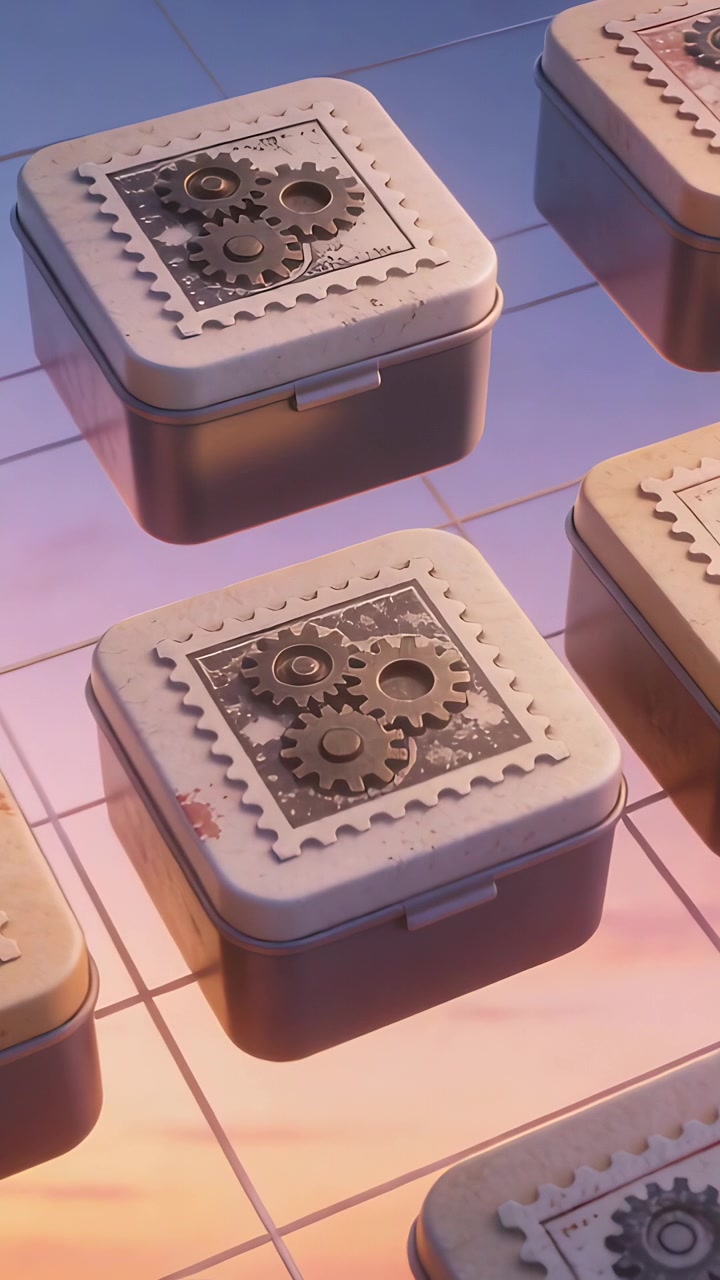 Vertical video: Shifting camera revealing metal tin details on reflective tiles, stamped gears