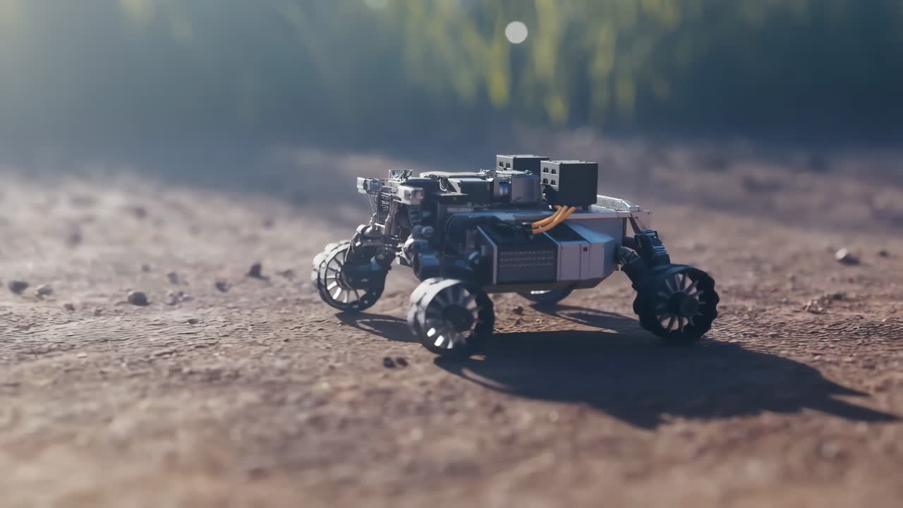 A small robotic rover on a dirt path with blurred green foliage in the background