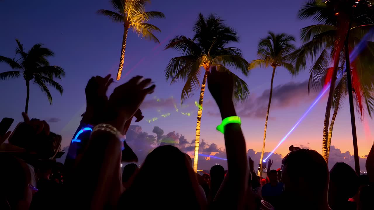Tourists raising hands, enjoying a beach party at sunset with palm trees, colorful lights, and music, creating a vibrant and festive atmosphere