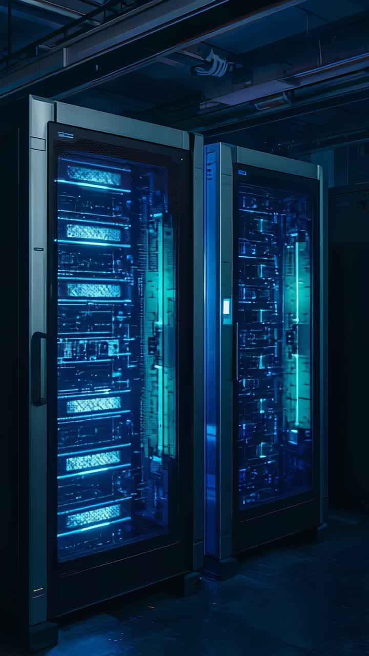 Vertical video: Panning camera past two server racks in server room, revealing blue LEDs and panel