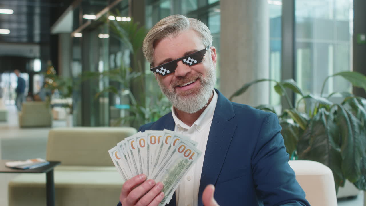 hombre de negocios rico y maduro poniéndose gafas de sol de vida de matón mostrando dinero dólar en el vestíbulo de la oficina moderna