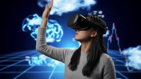 a young woman interacts with cutting-edge virtual reality technology while wearing a headset. she gestures as vivid graphics display around her, showcasing an interactive digital environment.
