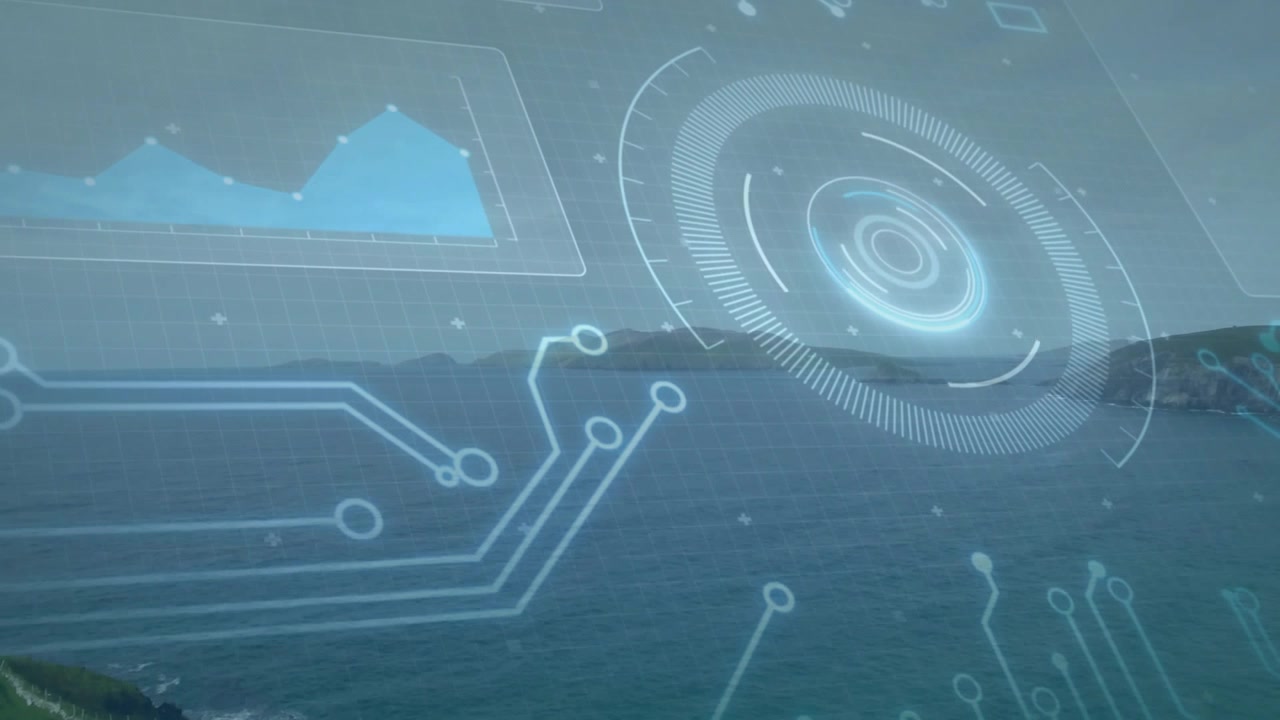 Frame fading in as teal graph pulsing, circuit lines animating, concentric HUD rotating for insight