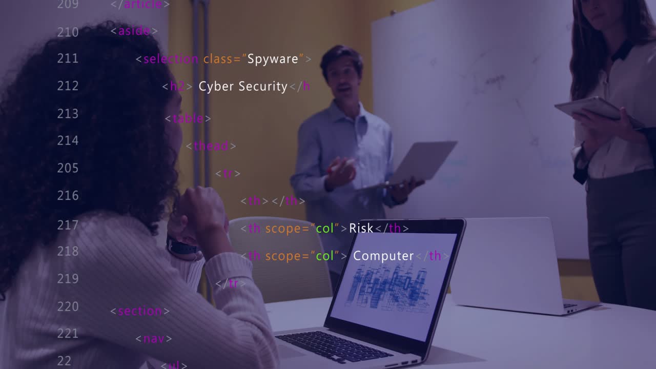 Animazione dell'elaborazione dei dati finanziari su diversi uomini d'affari in ufficio