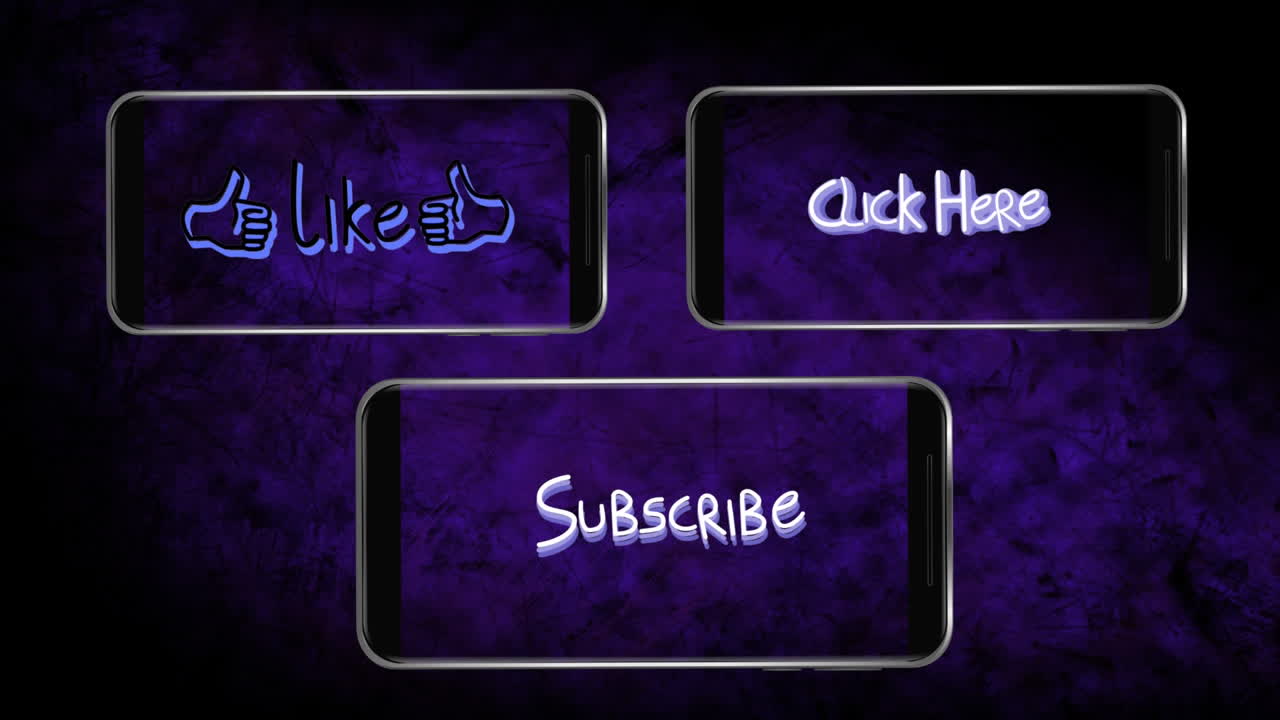 animación de palabras como haga clic aquí y suscribirse parpadeando en las pantallas de tres teléfonos inteligentes