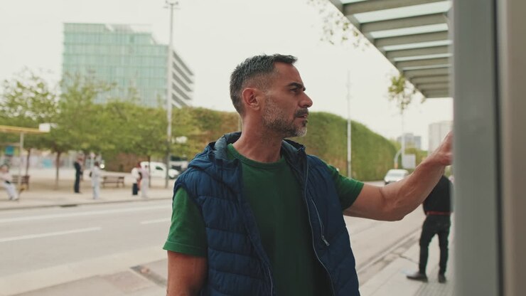 Uomo che utilizza i mezzi pubblici in città