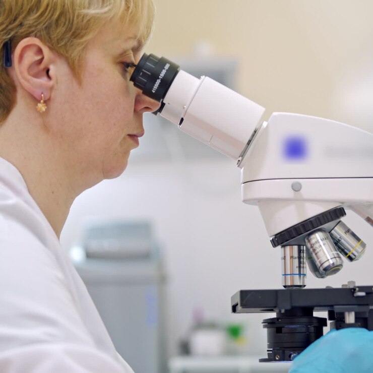 Woman scientist working with modern microscope. Female scientist studies biological samples through the microscope in the laboratory.