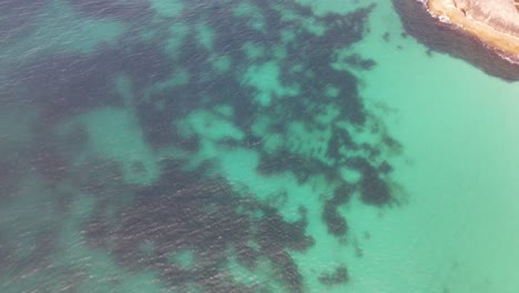 Drone-aerial-over-clear-blue-water-pan-up-to-reveal-secluded-beach-with-white-sand