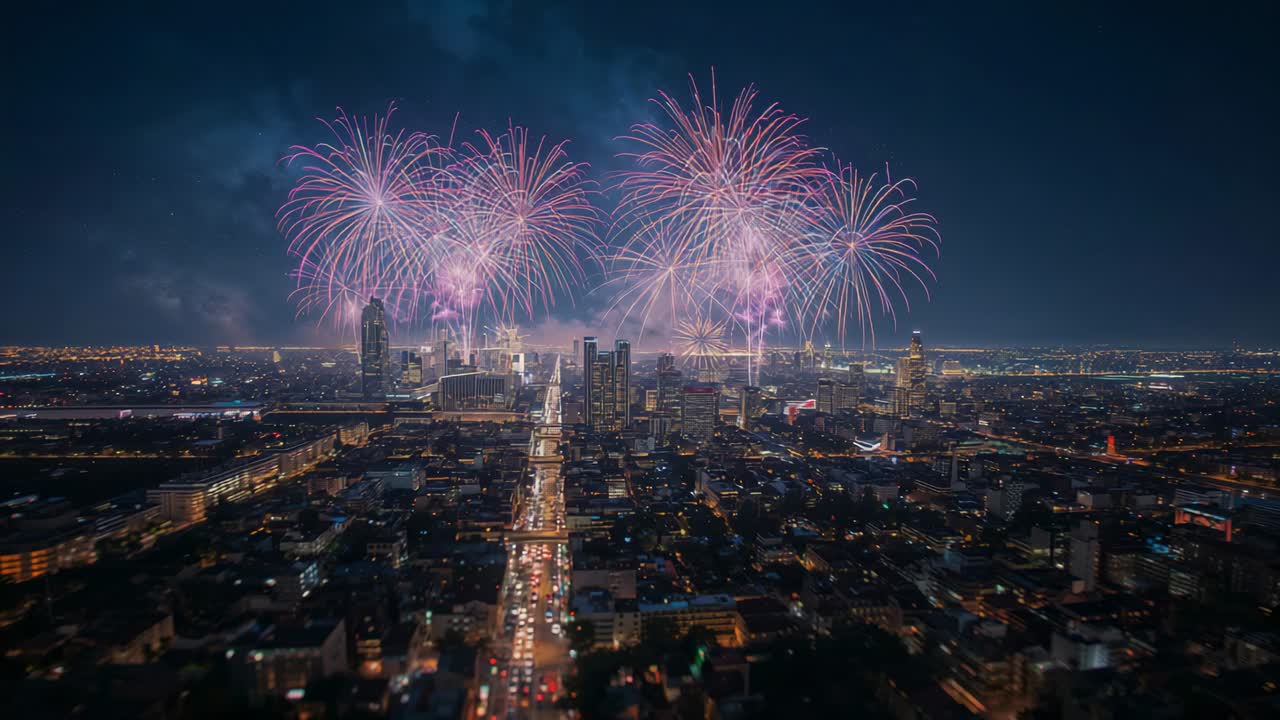 Exploding cluster of pink fireworks bursts illuminating boulevard at night, scattering smoke
